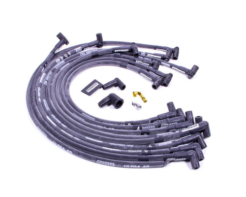 Spark Plug Wire Set - Ultra 40 - Spiral Core - 8.65 mm - Sleeved - Black - 90 Degree Plug - HEI Style Terminal - Over Valve Cover - Small Block Chevy - Kit