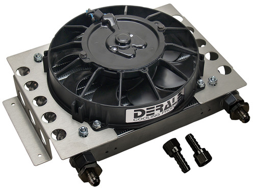 Fluid Cooler and Fan - 12.75 x 9.375 x 4.313 in - Plate and Fin Type - 5/8-18 in Female O-Ring Inlet / Outlet - 6 AN Male Adapters - Fittings - Aluminum - Black Powder Coat - Universal - Each