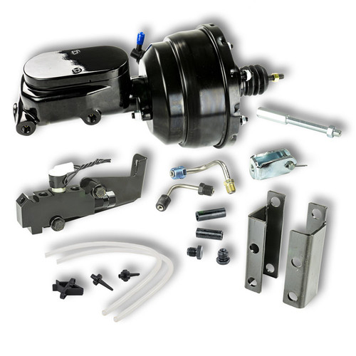 Master Cylinder and Booster - 1 in Bore - Dual Integral Reservoir - 8 in OD - Dual Diaphragm - Aluminum - Black Paint - Chevy Bel Air / Impala 1955-58 - Kit
