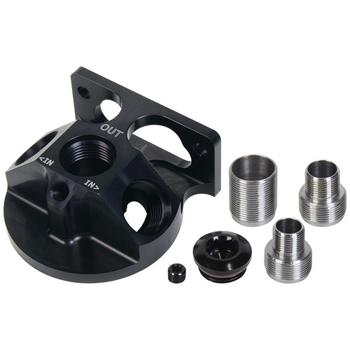 Oil Filter Adapter - Remote Mount - 12 AN Female Ports - 1/8 in NPT Port - 3/4-16 in / 13/16-16 in / 1-1/8-16 in Filter Thread - Aluminum - Black Anodized - Each