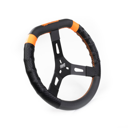 Steering Wheel - Dirt Karting - 13-3/4 in Diameter - 3-Spoke - 2 in Dish - Flat Top - Plastic Grip - Orange Stripe - Aluminum - Black - Each