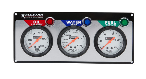 Gauge Panel Assembly - Fuel Pressure / Oil Pressure / Water Temperature - 2-5/8 in Diameter - Silver Face - Warning Light - Kit Gauge Panel Assembly - Fuel Pressure / Oil Pressure / Water Temperature - 2-5/8 in Diameter - Silver Face - Warning Light - Kit