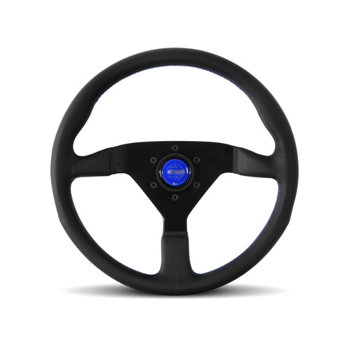 Steering Wheel - Monte Carlo - 350 mm Diameter - 40 mm Dish - 3-Spoke - Black Leather Grip - Aluminum - Black Anodized - Each