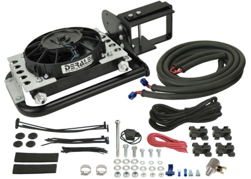 Fluid Cooler and Fan - Direct Fit - 13.25 x 10.75 x 5.5 in - Plate and Fin 5/8-18 Female Inlet / Outlet - 6 AN Male Adapters - Bracket / Hardware / Hoses - Aluminum - Black Powder Coat - Jeep Wrangler TJ / YJ 1987-2006 - Kit