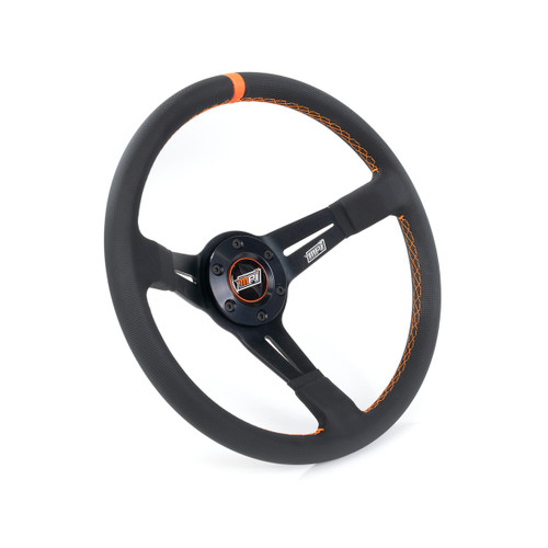 Steering Wheel - Offroad - 14 in Diameter - 3-1/4 in Dish - 3-Spoke - Black Synthetic Grip - Orange Stripe - Aluminum - Black Anodized - Each