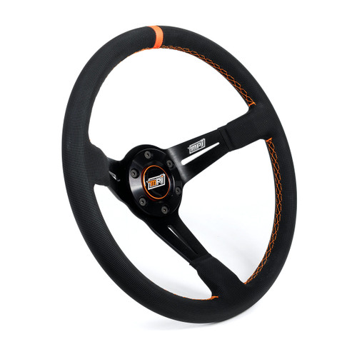 Steering Wheel - Drift - 14 in Diameter - 2.36 in Dish - 3-Spoke - Black Synthetic Grip - Orange Stripe - Aluminum - Black Anodized - Each