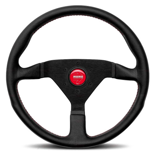 Steering Wheel - Monte Carlo - 320 mm Diameter - 40 mm Dish - 3-Spoke - Black Leather Grip - Aluminum - Black Anodized - Each