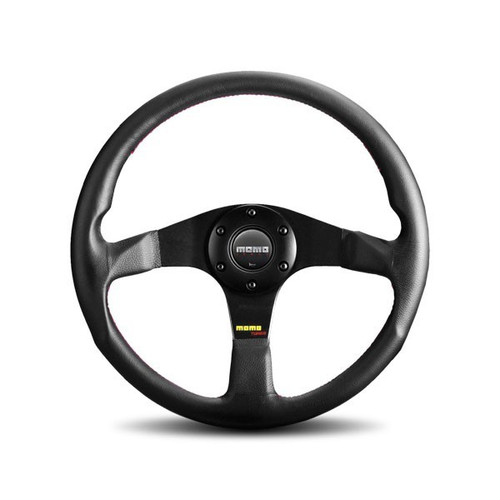 Steering Wheel - Tuner - 350 mm Diameter - 37 mm Dish - 3-Spoke - Black Leather Grip - Aluminum - Black Anodized - Each