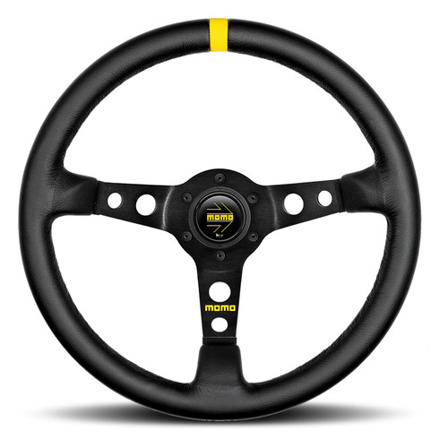 Steering Wheel - MOD 07 - 350 mm Diameter - 72 mm Dish - 3-Spoke - Black Leather Grip - Yellow Stripe - Aluminum - Black Anodized - Each