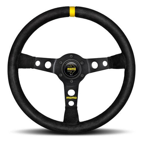 Steering Wheel - MOD 07 - 350 mm Diameter - 72 mm Dish - 3-Spoke - Black Suede Grip - Yellow Stripe - Aluminum - Black Anodized - Each