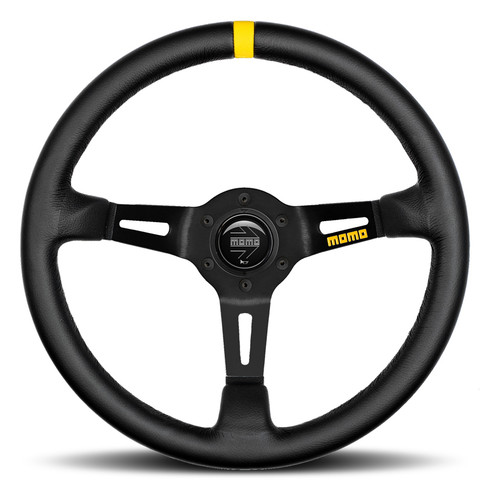 Steering Wheel - MOD 08 - 350 mm Diameter - 88 mm Dish - 3-Spoke - Black Leather Grip - Yellow Stripe - Aluminum - Black Anodized - Each