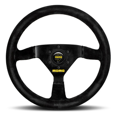 Steering Wheel - MOD 69 - 350 mm Diameter - 39 mm Dish - 3-Spoke - Black Suede Finger Notch Grip - Aluminum - Black Anodized - Each
