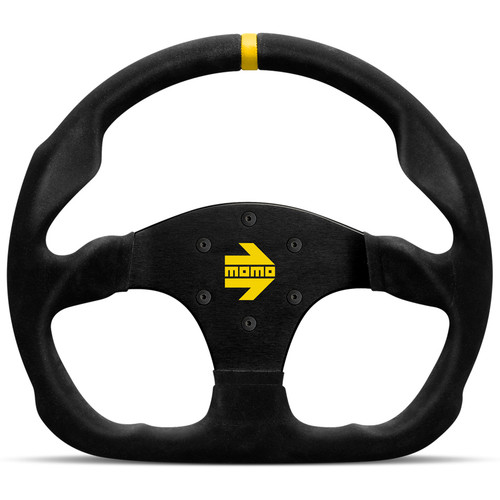 Steering Wheel - MOD 30 - 320 mm Diameter - D-Shaped - 39 mm Dish - 3-Spoke - Black Suede Grip - Yellow Stripe - Aluminum - Black Anodized - Each