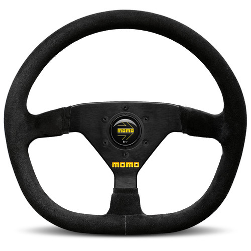 Steering Wheel - MOD 88 - 350 mm Diameter - D-Shape - 43 mm Dish - 3-Spoke - Black Suede Grip - Aluminum - Black Anodized - Each