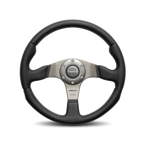Steering Wheel - Race - 320 mm Diameter - 40 mm Dish - 3-Spoke - Black Leather Grip - Aluminum - Gray Anodized - Each