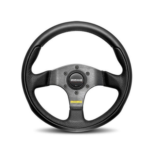 Steering Wheel - Team - 300 mm Diameter - 40 mm Dish - 3-Spoke - Black Leather Grip - Aluminum - Black Anodized - Each