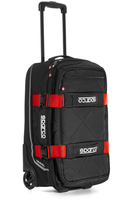 Gear Bag - Travel - 22 in Long x 14 in Wide x 10 in Deep - Roller Wheels - Zipper Closure - Retractable Handle - Sparco Logo - Red Straps - Polyester - Black - Each