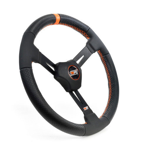 Steering Wheel - Dirt Circle Track - 15 in Diameter - 2.25 in Dish - 3-Spoke - Black Vinyl Grip - Orange Stripe - Aluminum - Black Anodized - Each