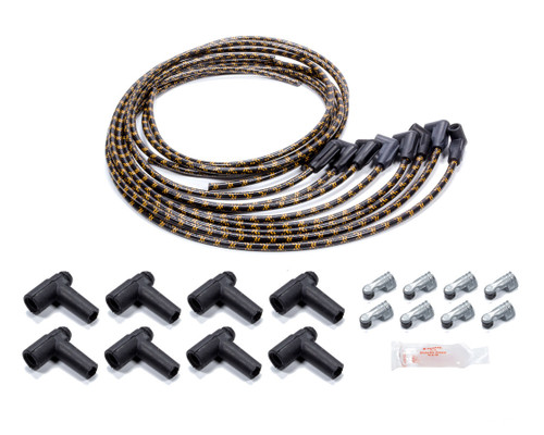 Spark Plug Wire Set - Spiral Core - 7.8 mm - Lacquer Covered Cotton Braid - Black / Orange - 90 Degree Boots - HEI Style Terminal - Universal - Kit