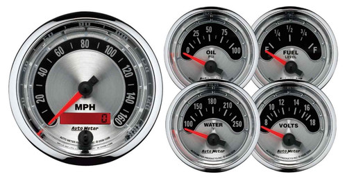 Gauge Kit - American Muscle - Analog - Fuel Level / Oil Pressure / Speedometer / Voltmeter / Water Temperature - 3-3/8 in / 2-1/16 in Diameter - Brushed / Black Face - Kit