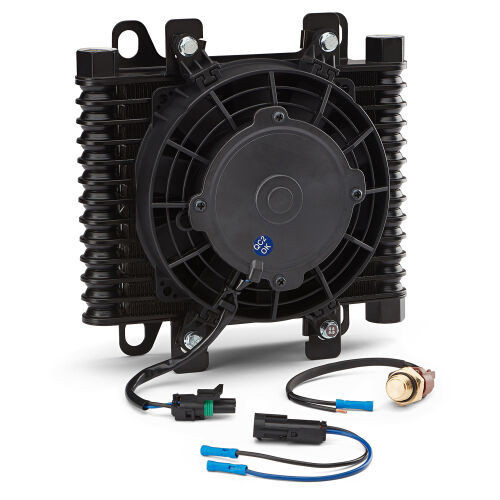 Fluid Cooler and Fan - Tundra Series - 9.75 x 9.87 x 3.98 in - Stack Type - 10 AN Female O-Ring Inlet / Outlet - Aluminum - Black Powder Coat - Universal - Each