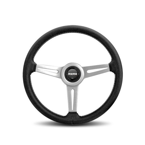 Steering Wheel - Retro - 360 mm Diameter - 40 mm Dish - 3-Spoke - Black Leather Grip - Aluminum - Brushed - Each