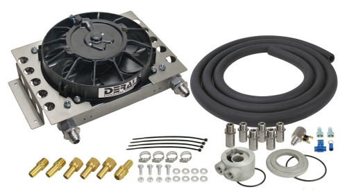 Fluid Cooler and Fan - 12.75 x 9.375 x 4.313 in - Plate and Fin Type - 5/8-18 in Female O-Ring Inlet / Outlet - Fittings / Hardware / Hose - Aluminum - Black Powder Coat - Engine Oil - Kit