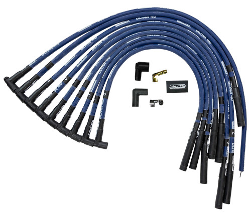 Spark Plug Wire Set - Ultra 40 - Spiral Core - 8.65 mm - Sleeved - Blue - Straight Plug Boots - HEI Style Terminal - Over Valve Cover - Big Block Chevy - Kit