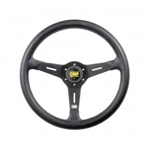 Steering Wheel - Sand - 380 mm Diameter - Flat - 3-Spoke - Black Leather Grip - Aluminum - Black Anodized - Each