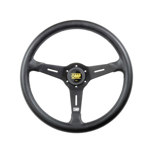 Steering Wheel - Sand - 380 mm Diameter - Flat - 3-Spoke - Black Leather Grip - Aluminum - Black Anodized - Each