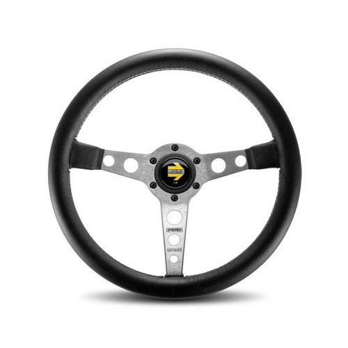 Steering Wheel - Prototipo - 350 mm Diameter - 39 mm Dish - 3-Spoke - Black Leather Grip - Aluminum - Brushed - Each