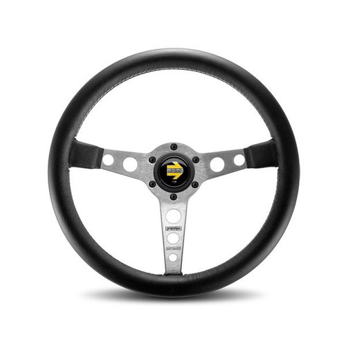 Steering Wheel - Prototipo - 350 mm Diameter - 39 mm Dish - 3-Spoke - Black Leather Grip - Aluminum - Brushed - Each