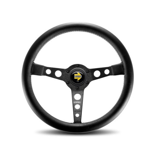 Steering Wheel - Prototipo - 350 mm Diameter - 39 mm Dish - 3-Spoke - Black Leather Grip - Aluminum - Black Anodized - Each