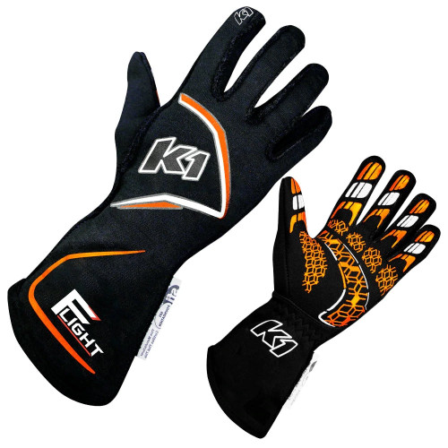 Driving Gloves - Flight - SFI 3.3/5 - FIA Approved - Double Layer - Nomex - Elastic Cuff - Black / Fluorescent Orange - Medium - Pair