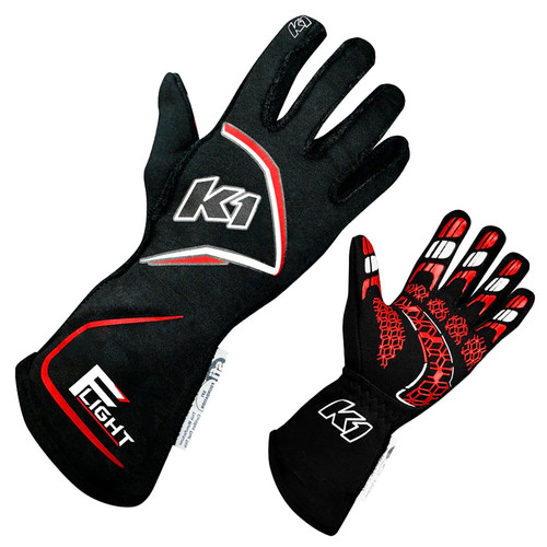 Driving Gloves - Flight - SFI 3.3/5 - FIA Approved - Double Layer - Nomex - Elastic Cuff - Black / Red - Medium - Pair
