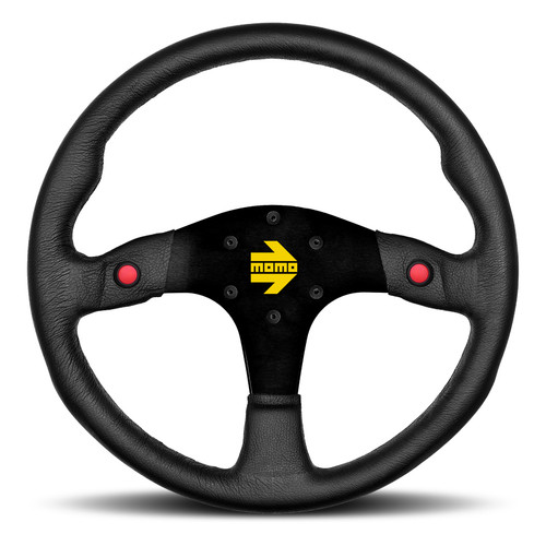 Steering Wheel - MOD 80 - 350 mm Diameter - 33 mm Dish - 3-Spoke - 2 Buttons - Black Leather Grip - Aluminum - Black Anodized - Each