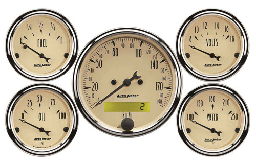 Gauge Kit - Antique Beige - Metric - Analog - Fuel Level / Oil Pressure / Speedometer / Voltmeter / Water Temperature - 3-1/8 in / 2-1/16 in Diameter - Beige Face - Kit Gauge Kit - Antique Beige - Metric - Analog - Fuel Level / Oil Pressure / Speedometer / Voltmeter / Water Temperature - 3-1/8 in / 2-1/16 in Diameter - Beige Face - Kit