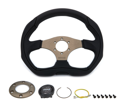 Steering Wheel - Eagle - 350 mm Diameter - 40 mm Dish - 3-Spoke - Black Leather Grip - Aluminum - Gray Anodized - Each