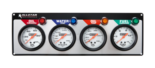 Gauge Panel Assembly - Fuel Pressure / Oil Pressure / Oil Temperature / Water Temperature - 2-5/8 in Diameter - Silver Face - Warning Light - Kit Gauge Panel Assembly - Fuel Pressure / Oil Pressure / Oil Temperature / Water Temperature - 2-5/8 in Diameter - Silver Face - Warning Light - Kit