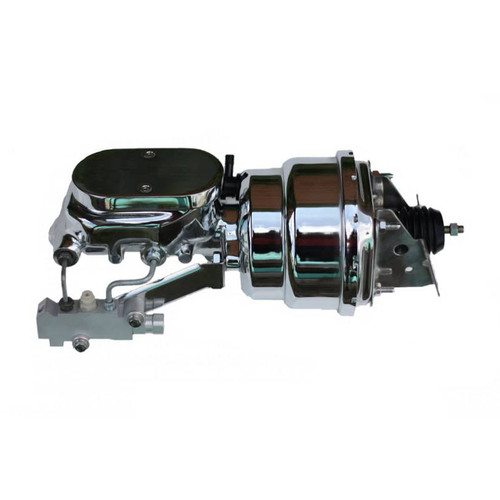 Master Cylinder and Booster - 1-1/8 in Bore - Dual Integral Reservoir - 7 in OD - Dual Diaphragm - Steel - Chrome - GM A-Body / F-Body - Kit