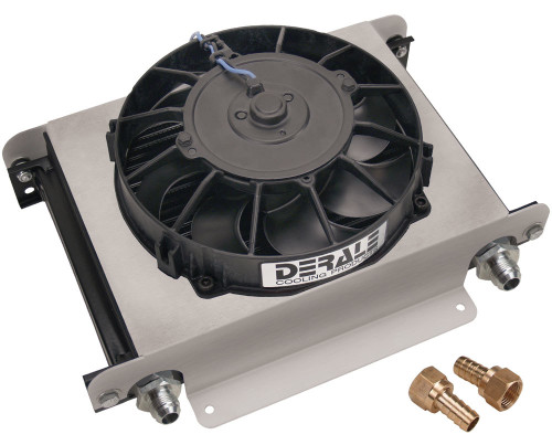 Fluid Cooler and Fan - 13 x 10 x 5.625 in - Plate Type - 10 AN Female O-Ring Inlet / Outlet - 8 AN Male Adapters - Fittings - Aluminum - Black Powder Coat - Universal - Each