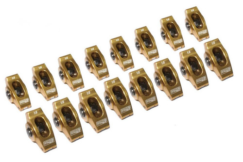 Rocker Arm - Ultra Gold ARC - 3/8 in Stud Mount - 1.60 Ratio - Full Roller - Aluminum - Gold Anodized - Small Block Chevy - Set of 16