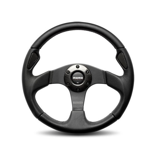 Steering Wheel - Jet - 350 mm Diameter - 46 mm Dish - 3-Spoke - Black Leather Grip - Aluminum - Black Anodized - Each