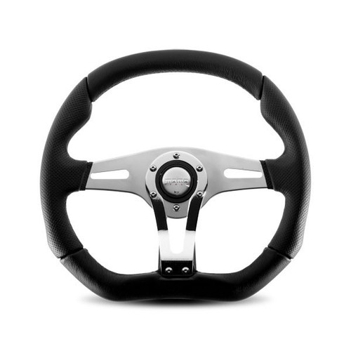 Steering Wheel - Trek R - 350 mm Diameter - D-Shaped - 40 mm Dish - 3-Spoke - Black Leather Grip - Aluminum - Brushed / Chrome - Each