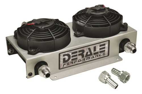 Fluid Cooler and Fan - Hyper-Cool - 13 x 7.563 x 4.875 in - Plate Type - 10 AN Female Inlet / Outlet - 10 AN Male Adapters - Fittings - Aluminum - Black Powder Coat - Universal - Kit