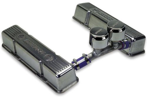 Valve Cover - Tall - Crossover Breather Tube - Hooded Breathers - Moroso Logo - Cast Aluminum - Polished - Small Block Chevy - Pair