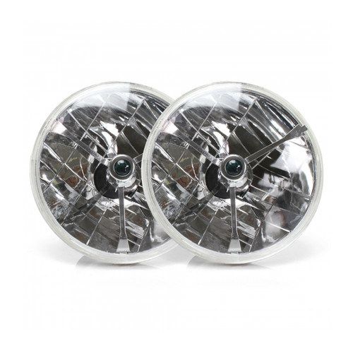 Headlight - Tri-Bar With Colored Dots - 7 in OD - H4 Bulb - Glass / Steel - Universal - Pair Headlight - Tri-Bar With Colored Dots - 7 in OD - H4 Bulb - Glass / Steel - Universal - Pair
