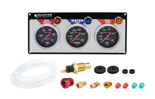 Gauge Panel Assembly - Auto Meter Sport-Comp - Oil Pressure / Oil Temperature / Water Temperature - 2-5/8 in Diameter - Black Face - Warning Light - Kit