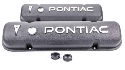 Valve Cover - Short - Breather Holes - Pontiac Logo - Aluminum - Black Paint - Pontiac V8 - Pair