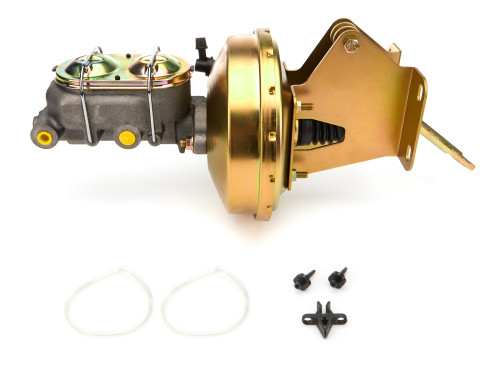 Master Cylinder and Booster - 1 in Bore - Dual Integral Reservoir - 9 in OD - Single Diaphragm - Steel - Gold Zinc Plated - Jeep CJ5 / CJ6 / CJ7 1974-86 - Kit Master Cylinder and Booster - 1 in Bore - Dual Integral Reservoir - 9 in OD - Single Diaphragm - Steel - Gold Zinc Plated - Jeep CJ5 / CJ6 / CJ7 1974-86 - Kit